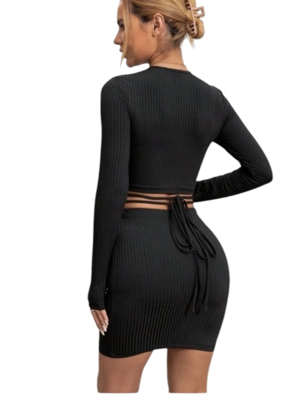 SHEIN Essnce Ruched Tie Back Crop Tee & Bodycon Skirt size M